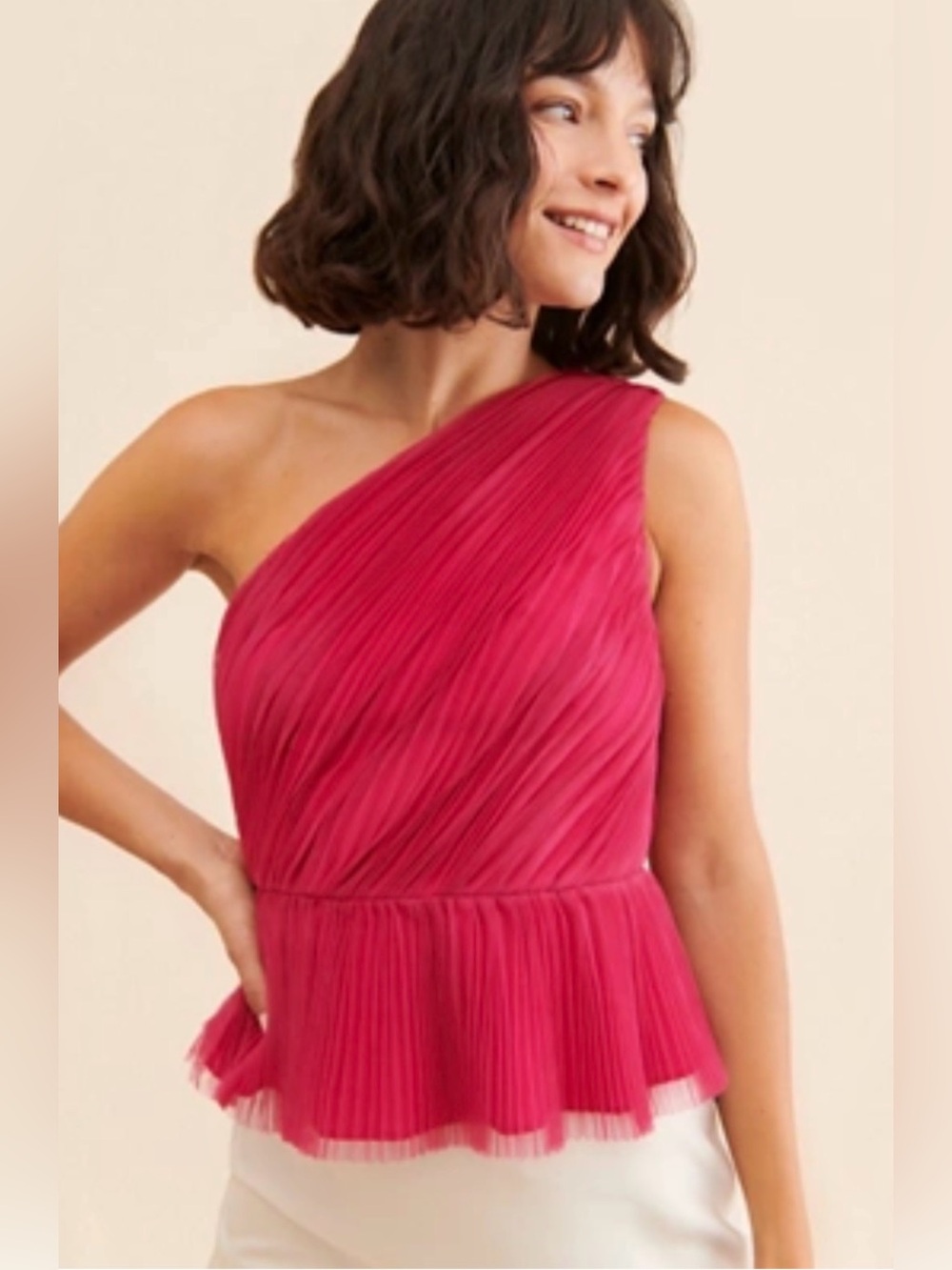 Hutch One-Shoulder Pleated Peplum Top in Fuchsia Pink